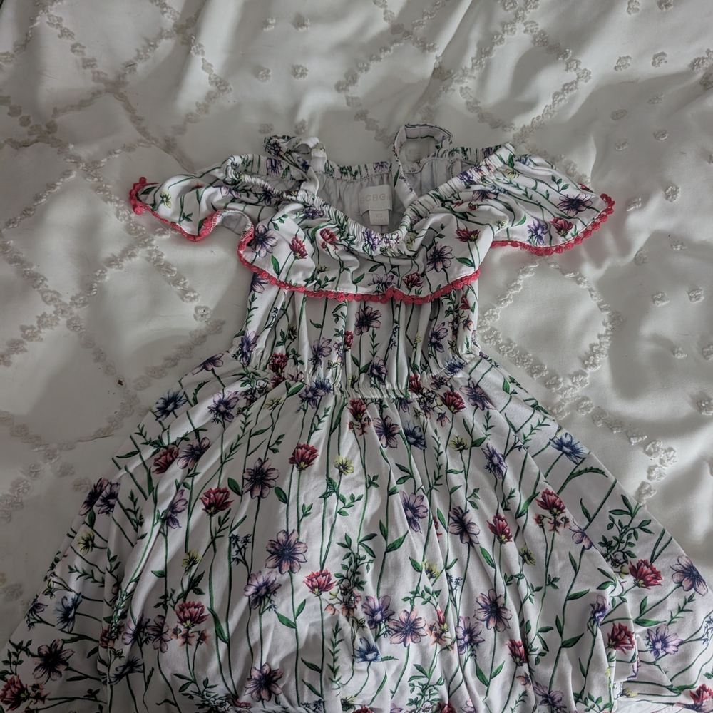 BCBG Pink and Green Off-the-Shoulder Puff Sleeve Sundress